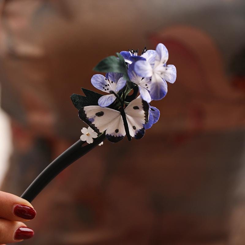 Handmade Enamel Flower Hair Stick Ebony Kingfisher Pearl