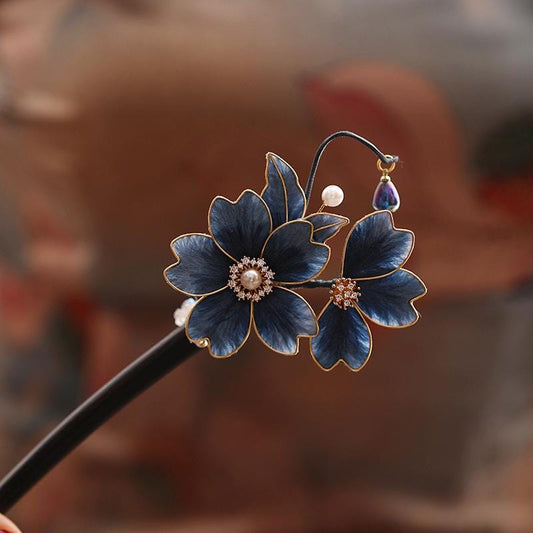 Handmade Enamel Flower Hair Stick Ebony Kingfisher Pearl