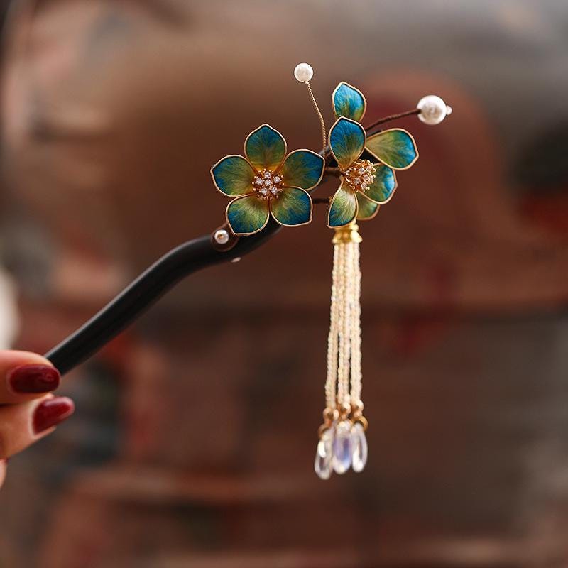 Handmade Enamel Flower Hair Stick Ebony Kingfisher Pearl