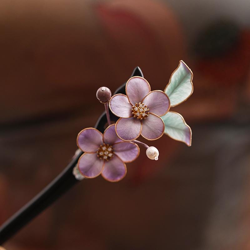 Handmade Enamel Flower Hair Stick Ebony Kingfisher Pearl