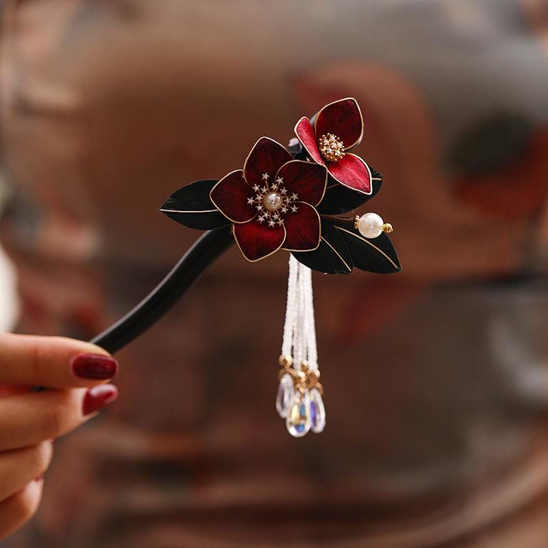 Handmade Enamel Flower Hair Stick Ebony Kingfisher Pearl