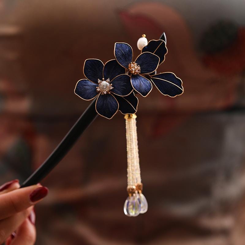 Handmade Enamel Flower Hair Stick Ebony Kingfisher Pearl