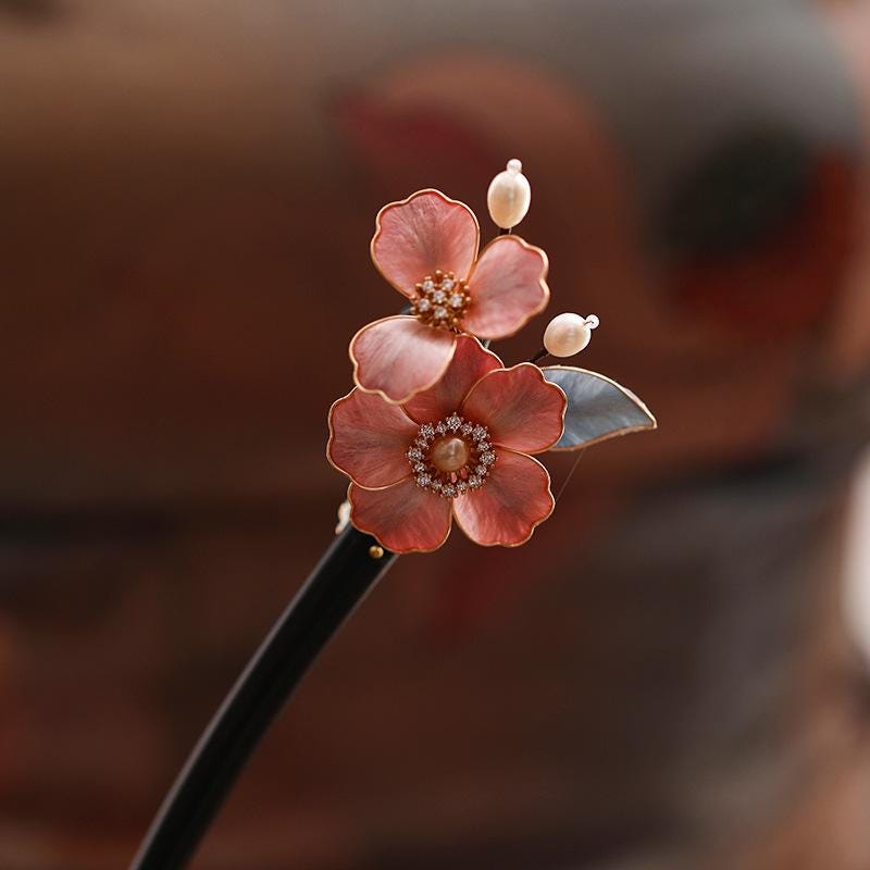 Handmade Enamel Flower Hair Stick Ebony Kingfisher Pearl