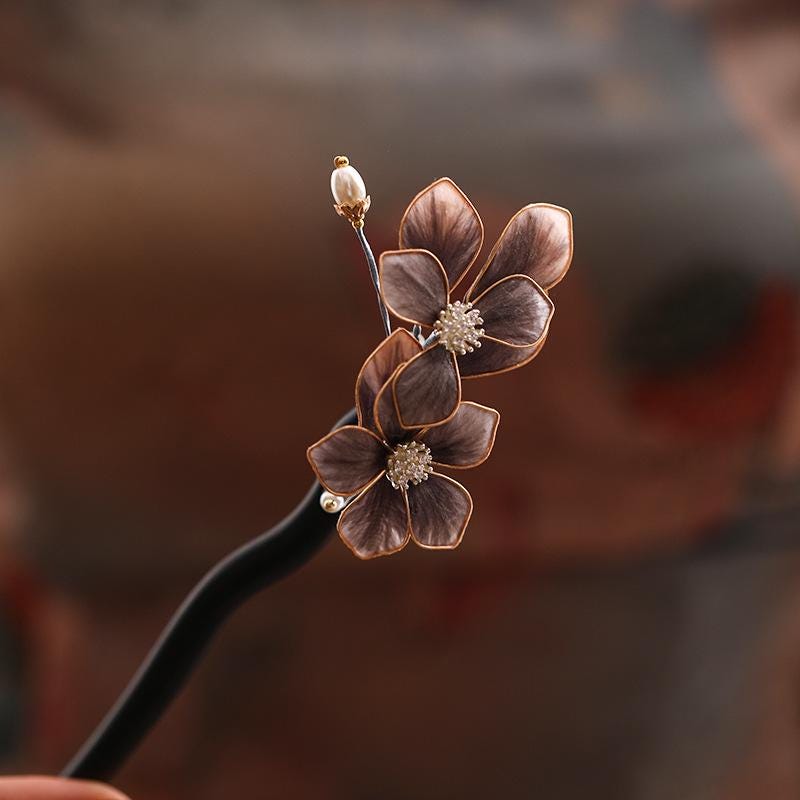 Handmade Enamel Flower Hair Stick Ebony Kingfisher Pearl