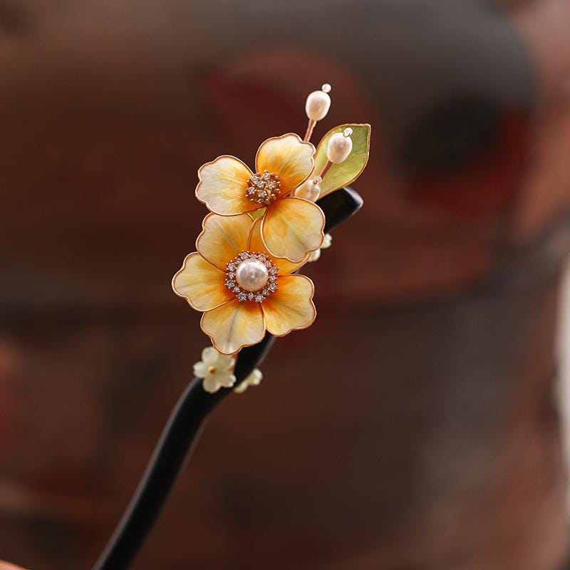 Ebony Hair Stick with Enamel Flower