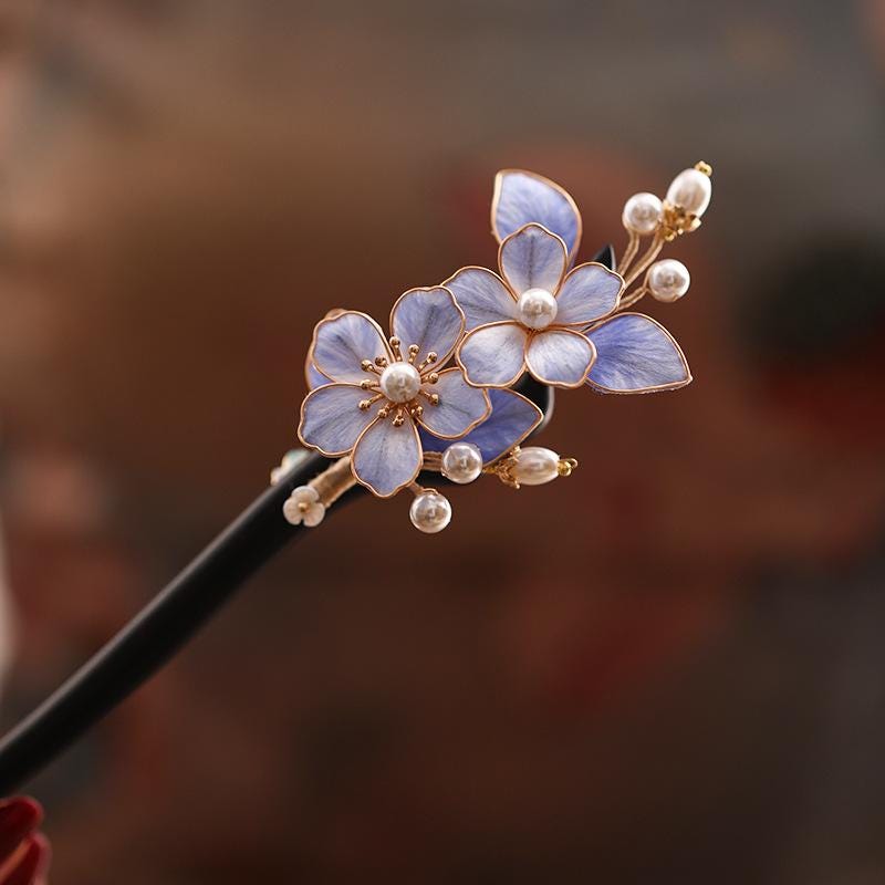 Ebony Hair Stick with Enamel Flower