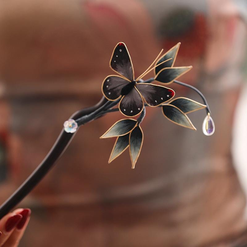 Ebony Hair Stick with Enamel Flower