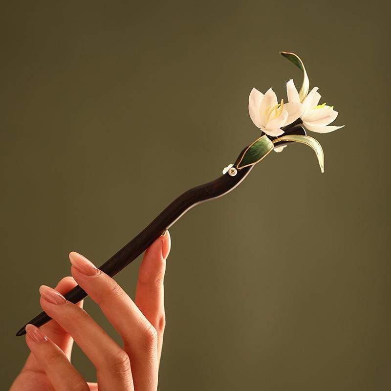 Handmade Ebony Wood Hair Stick | Blue Hydrangea Butterfly Artisan Pin