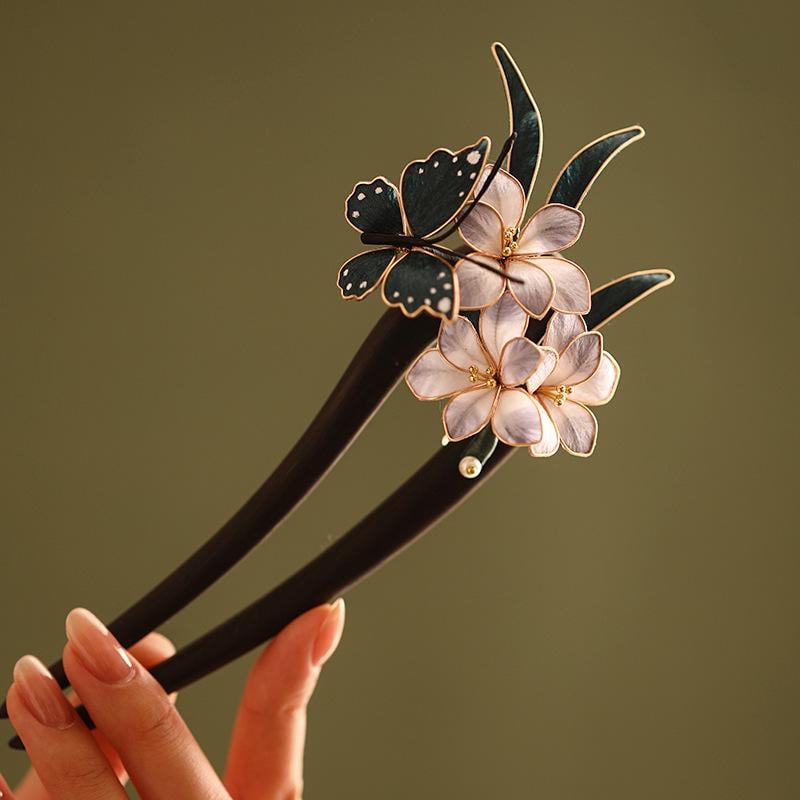 Handmade Ebony Wood Hair Stick | Blue Hydrangea Butterfly Artisan Pin