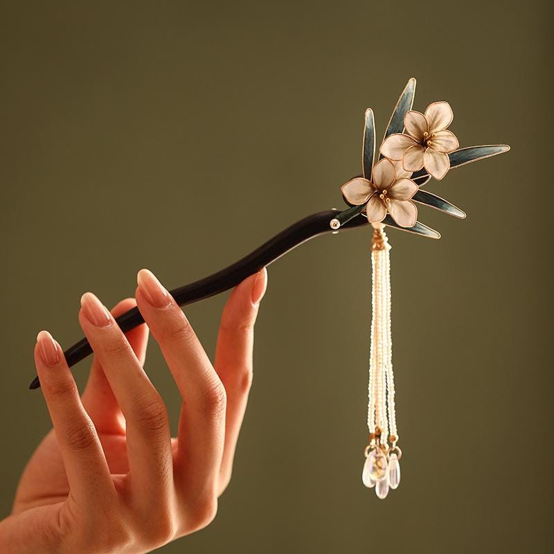 Handmade Ebony Wood Hair Stick | Blue Hydrangea Butterfly Artisan Pin