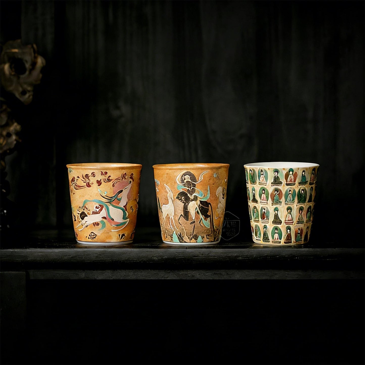 Handpainted Dunhuang Ceramic Coffee Cup Set Vintage Chinese Art