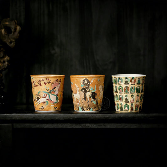 Handpainted Dunhuang Ceramic Coffee Cup Set Vintage Chinese Art