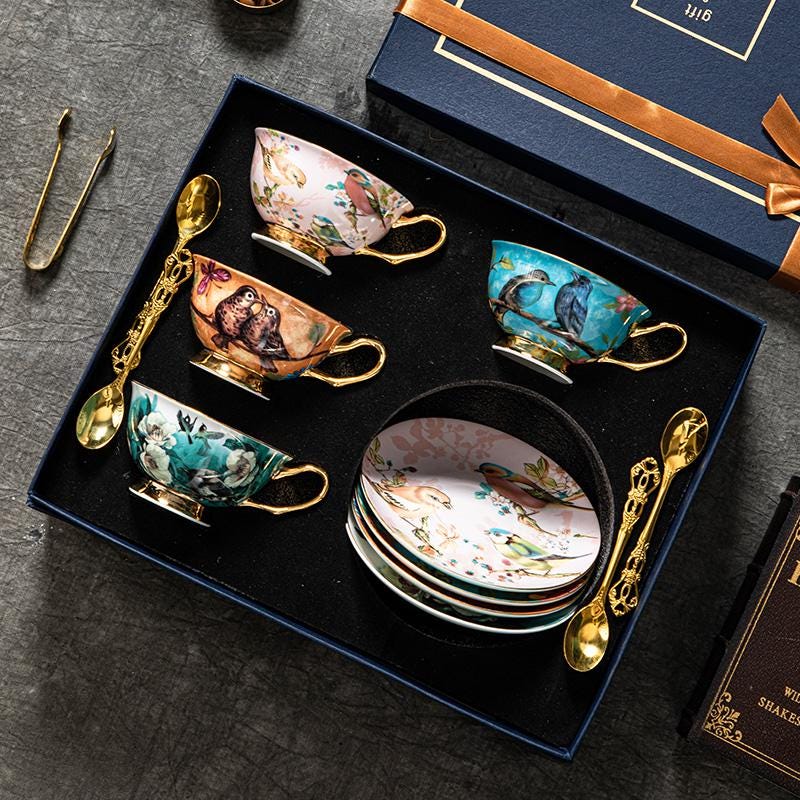 Bone China Tea Cup Set Bird and Floral Design