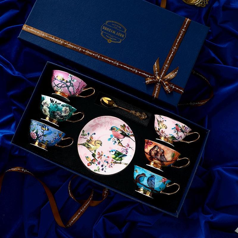 Bone China Tea Cup Set Bird and Floral Design