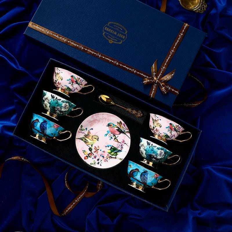 Bone China Tea Cup Set Bird and Floral Design
