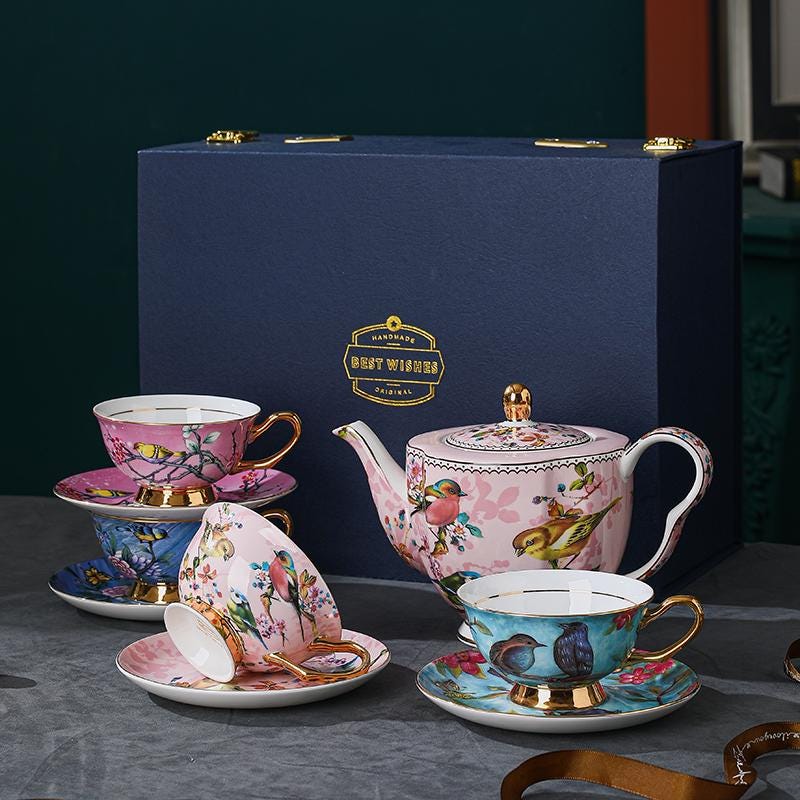Bone China Tea Cup Set Bird and Floral Design