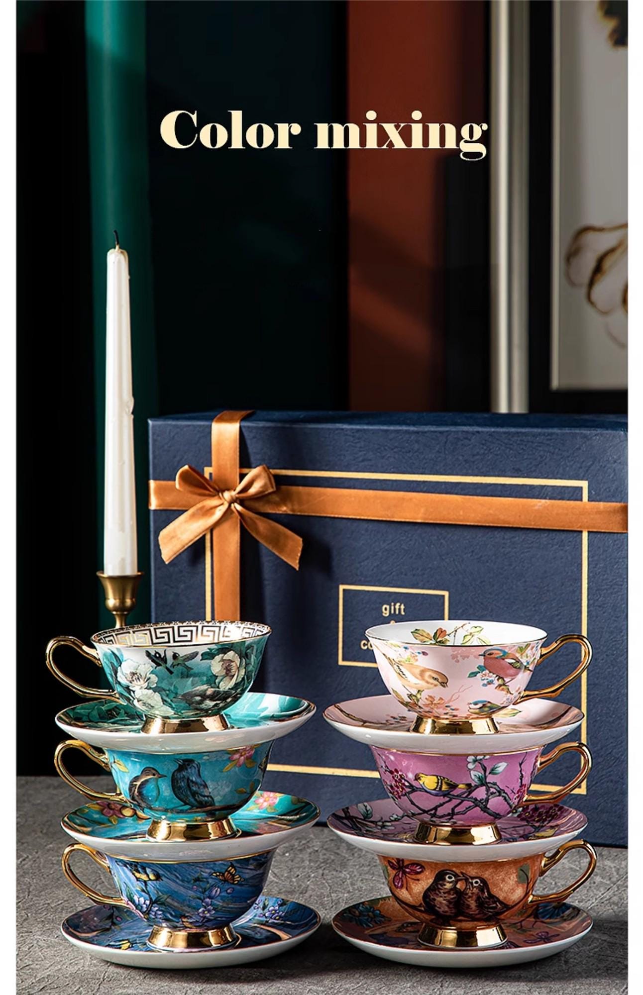 Bone China Tea Cup Set Bird and Floral Design