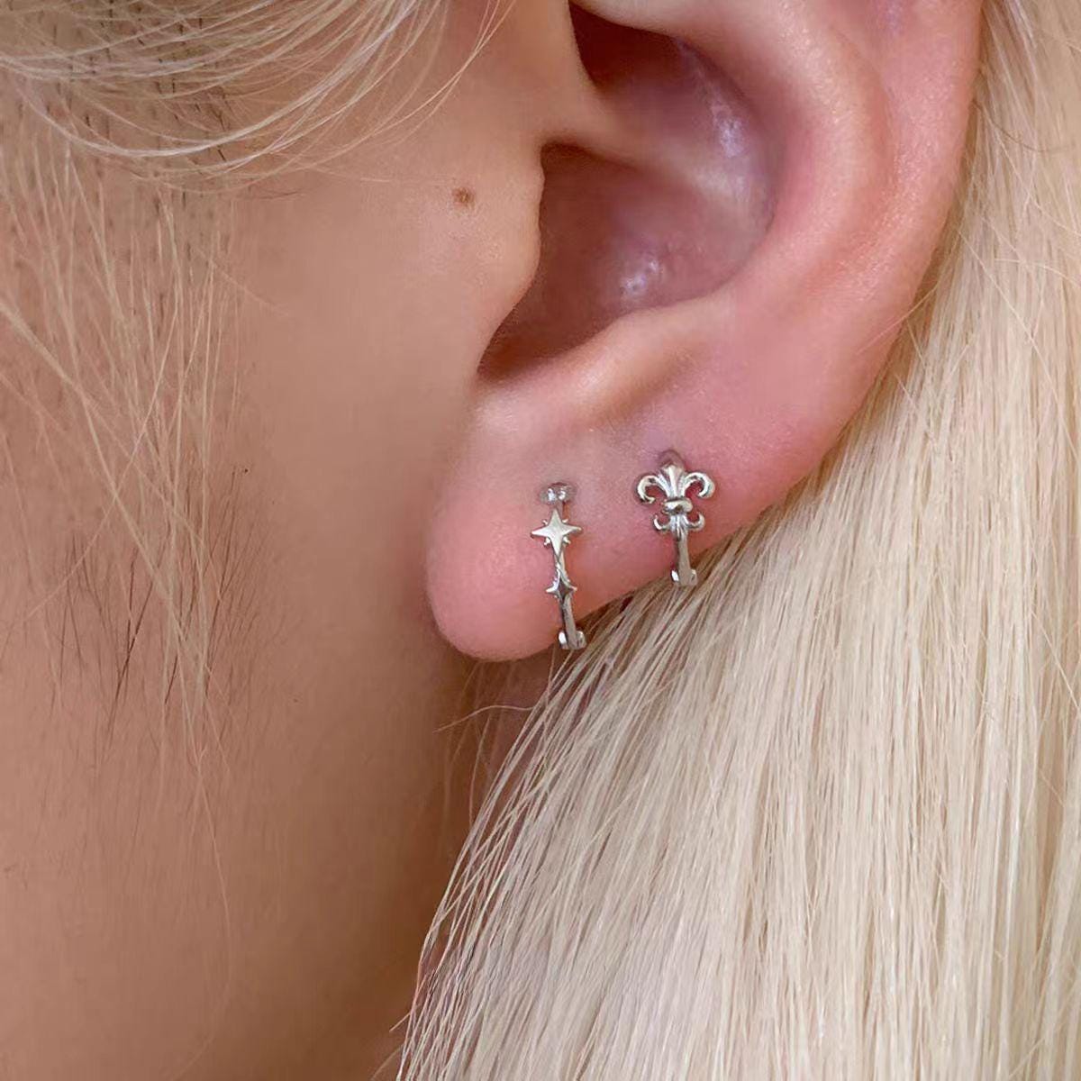 Sterling Silver Dainty Earring Set | Moon Star Fleur De Lis