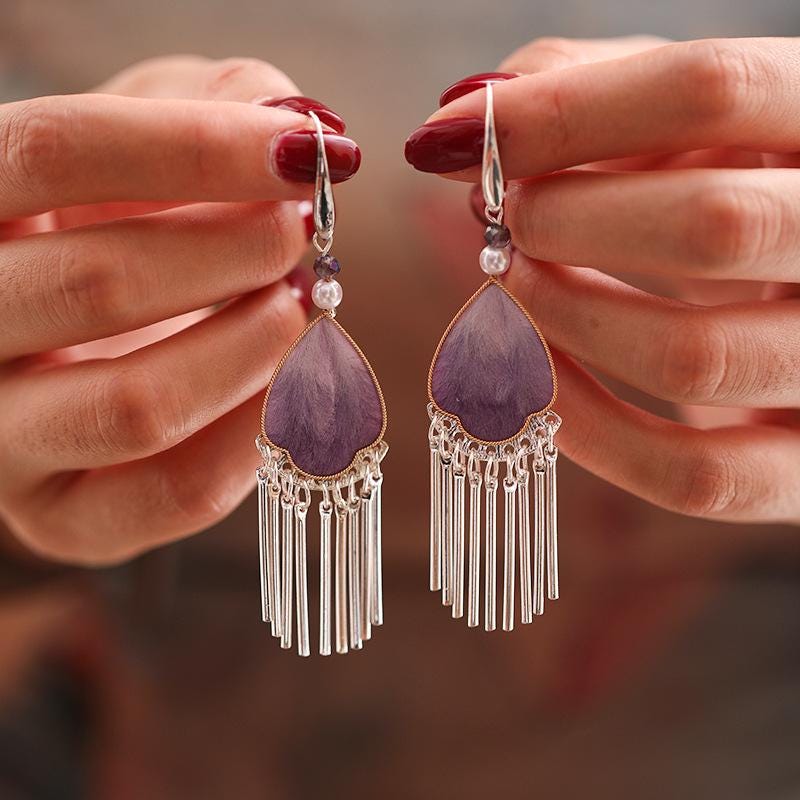 Handcrafted Enamel Petal Drop Earrings with Silk Tassels
