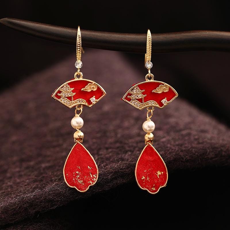 Handcrafted Enamel Petal Drop Earrings with Silk Tassels