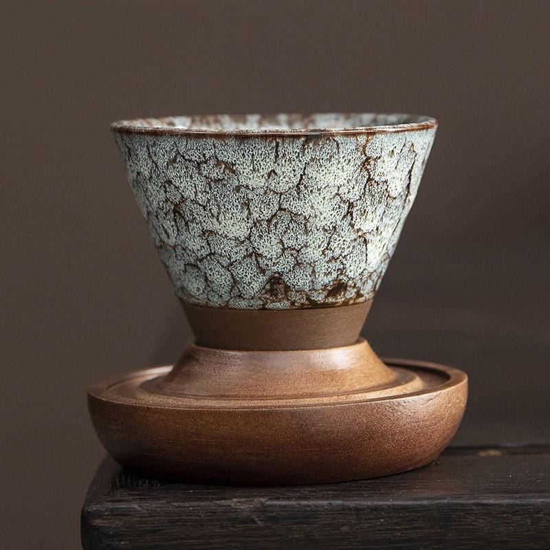 Handcrafted Ceramic Coffee Cup Walnut Base Travel Case