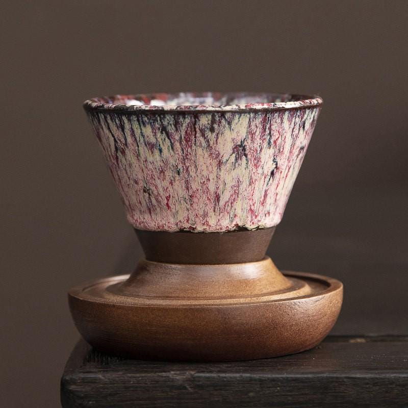 Handcrafted Ceramic Coffee Cup Walnut Base Travel Case