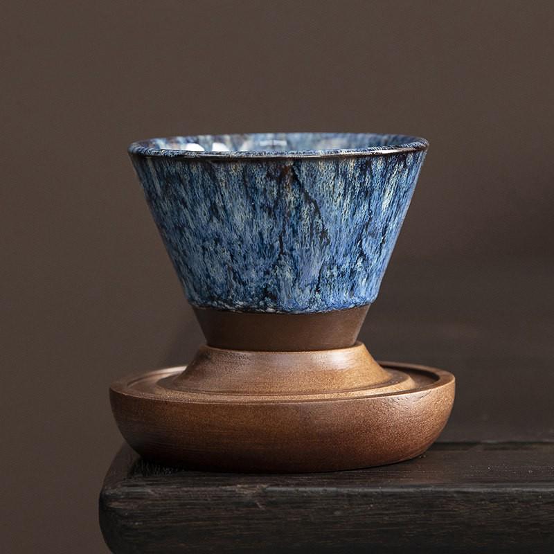 Handcrafted Ceramic Coffee Cup Walnut Base Travel Case