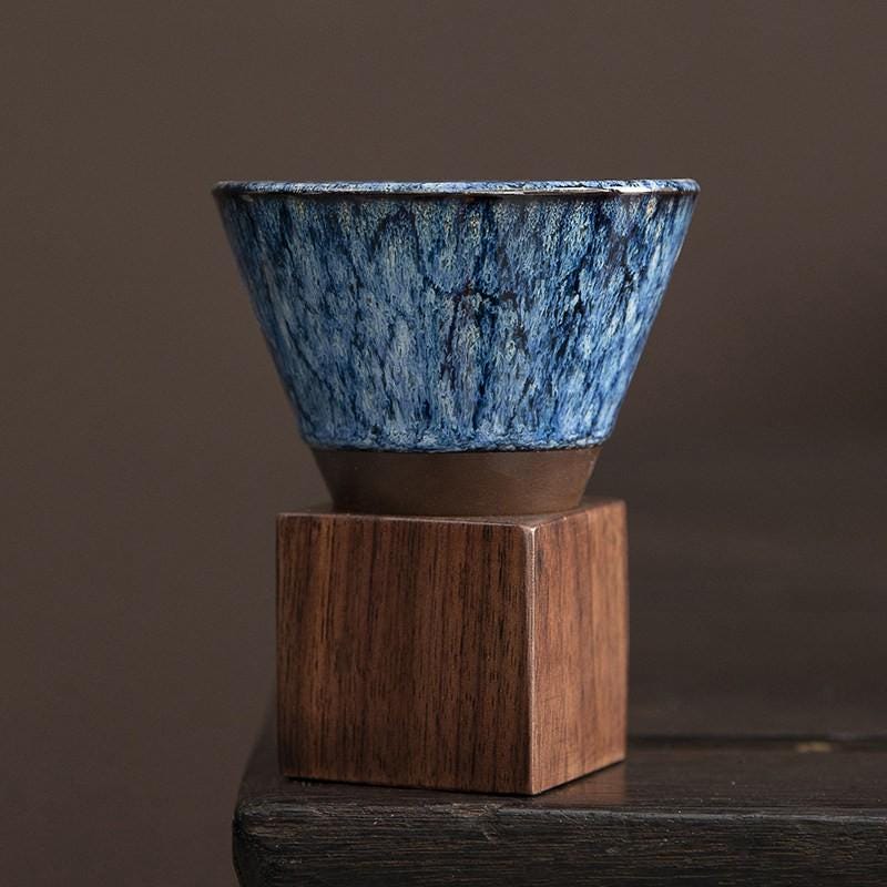 Handcrafted Ceramic Coffee Cup Walnut Base Travel Case