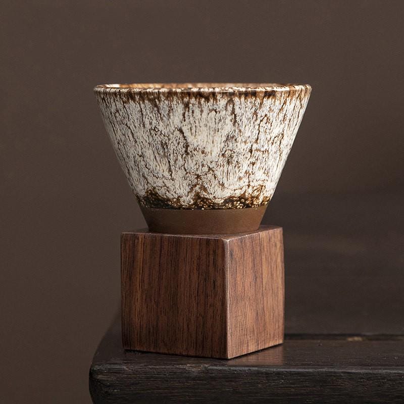 Handcrafted Ceramic Coffee Cup Walnut Base Travel Case