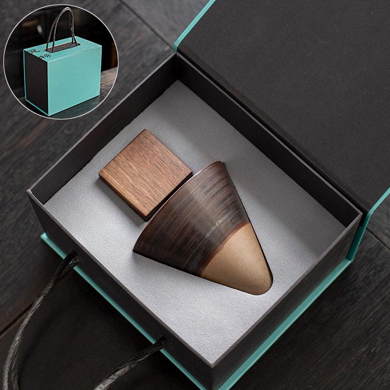 Ceramic Coffee Cup Set with Walnut Base