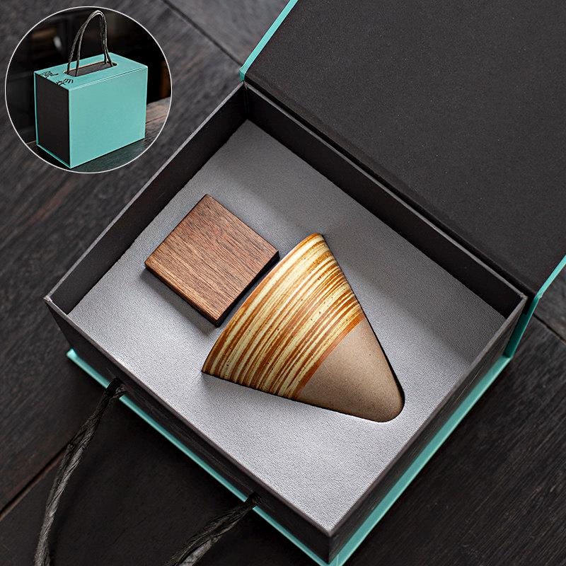 Ceramic Coffee Cup Set with Walnut Base