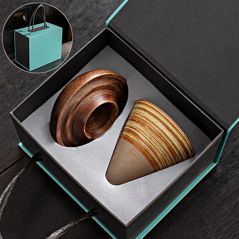 Ceramic Coffee Cup Set with Walnut Base