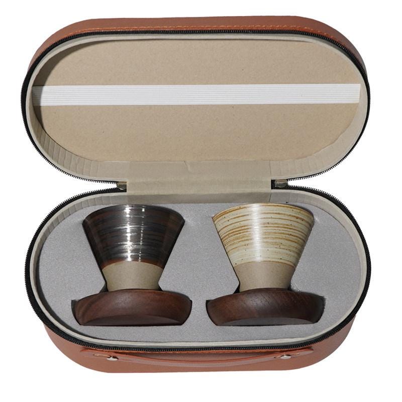 Ceramic Coffee Cup Set with Walnut Base