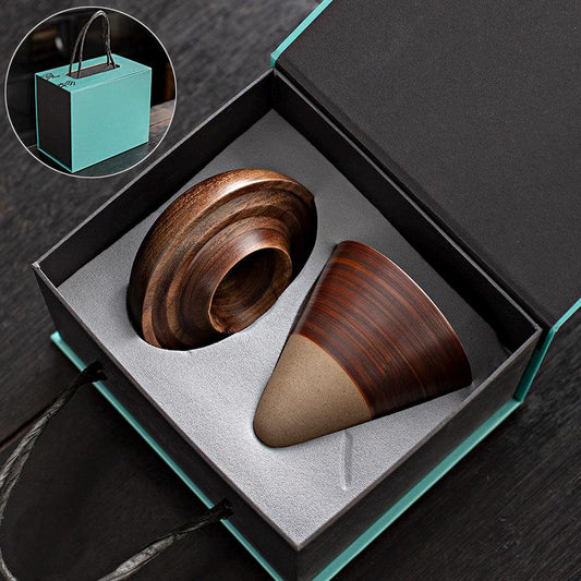 Ceramic Coffee Cup Set with Walnut Base