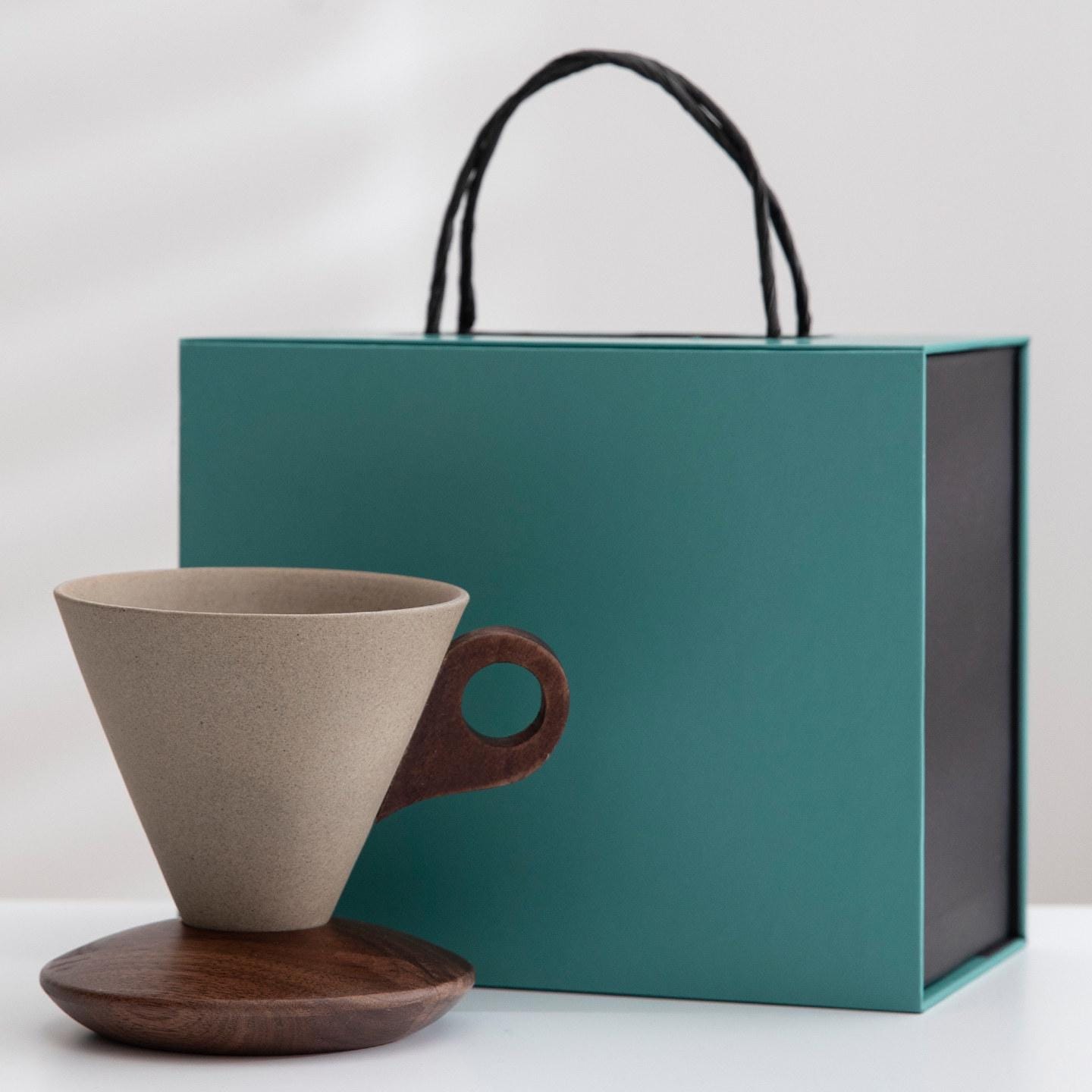 Ceramic Coffee Cup Set with Walnut Base
