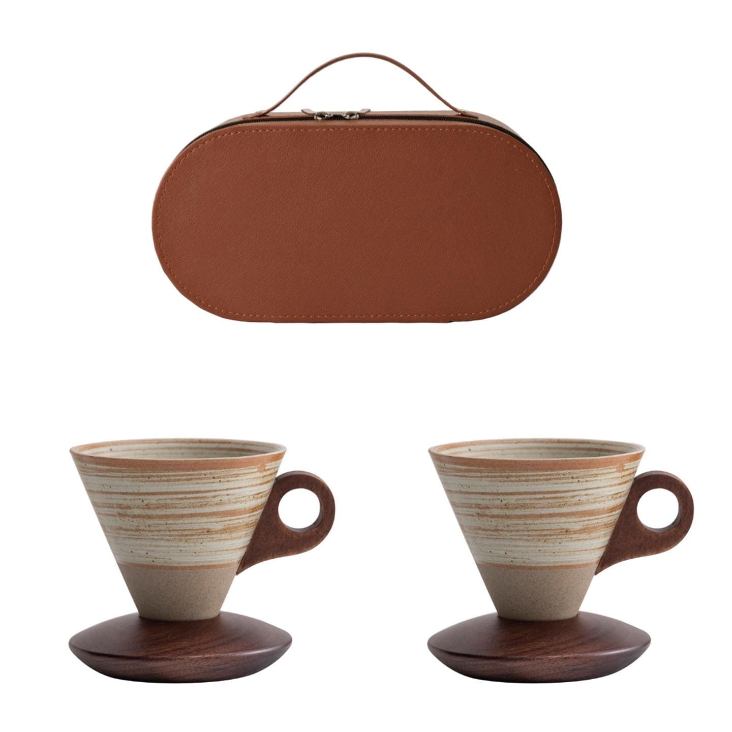 Ceramic Coffee Cup Set with Walnut Base