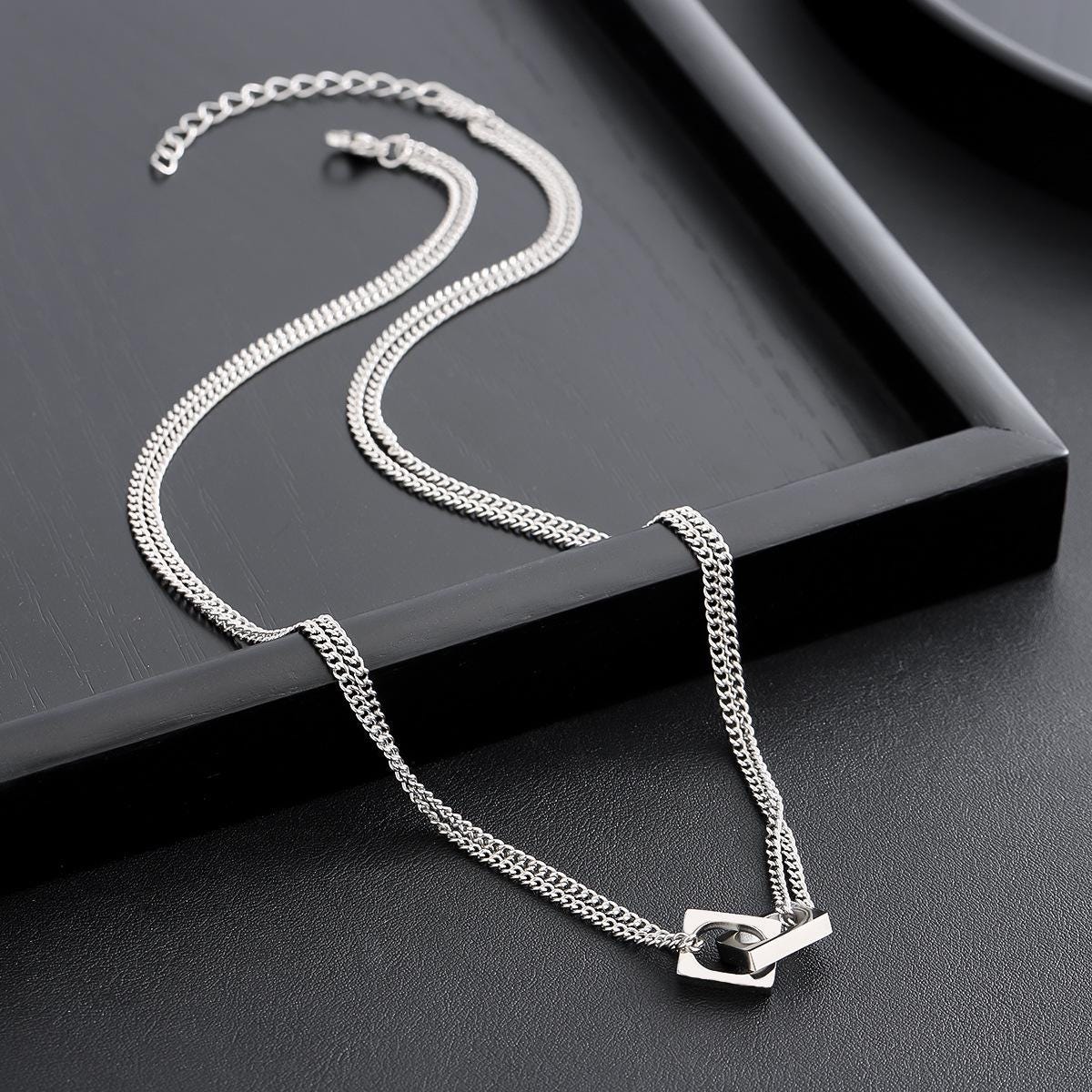 Minimalist Silver Bar Cuban Link Chain Necklace