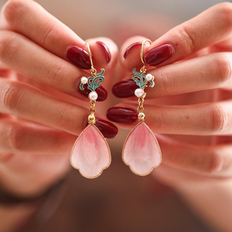 Handcrafted Enamel Petal Drop Earrings with Silk Tassels