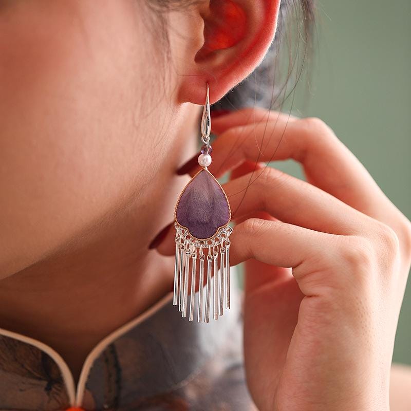 Handcrafted Enamel Petal Drop Earrings with Silk Tassels