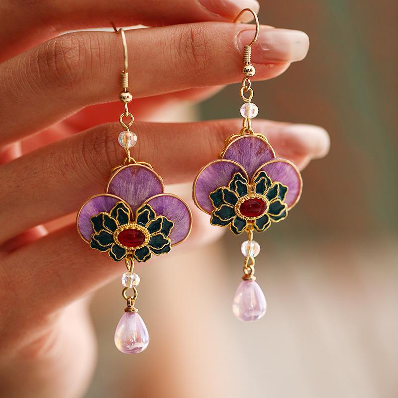Handcrafted Enamel Petal Drop Earrings with Silk Tassels