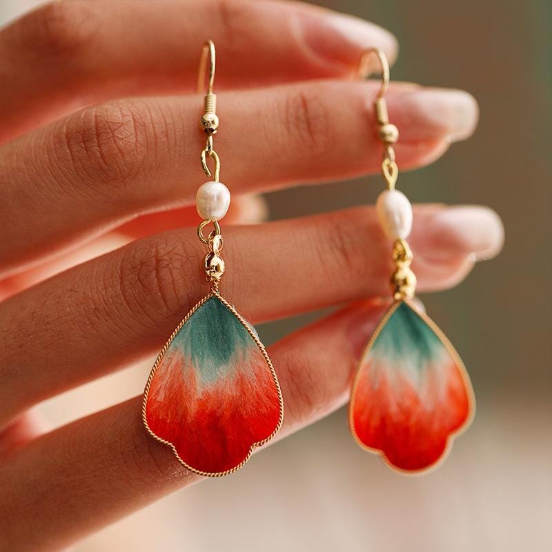 Handcrafted Enamel Petal Drop Earrings with Silk Tassels