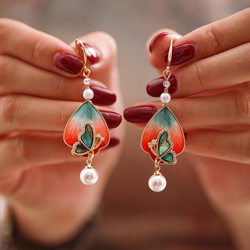 Handcrafted Enamel Petal Drop Earrings with Silk Tassels