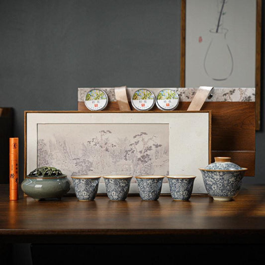 Handcrafted Chinese ceramic tea cup set with walnut base, traditional Gongfu tea set for authentic tea ceremonies.
