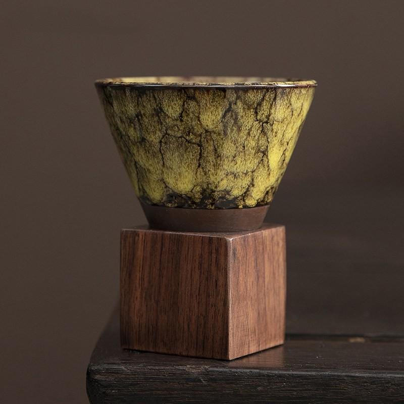 Handcrafted Ceramic Coffee Cup Walnut Base Travel Case