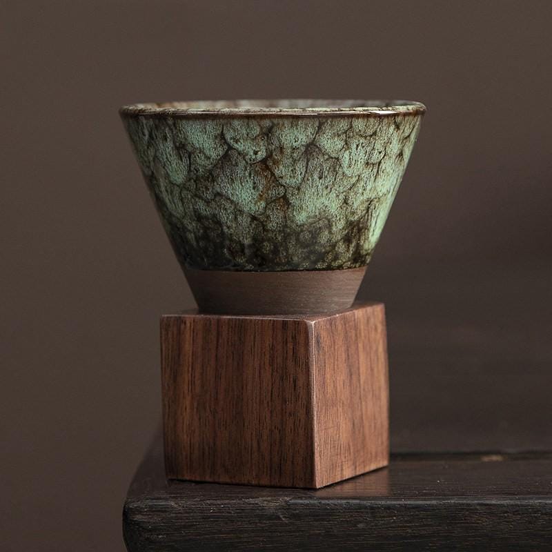 Handcrafted Ceramic Coffee Cup Walnut Base Travel Case