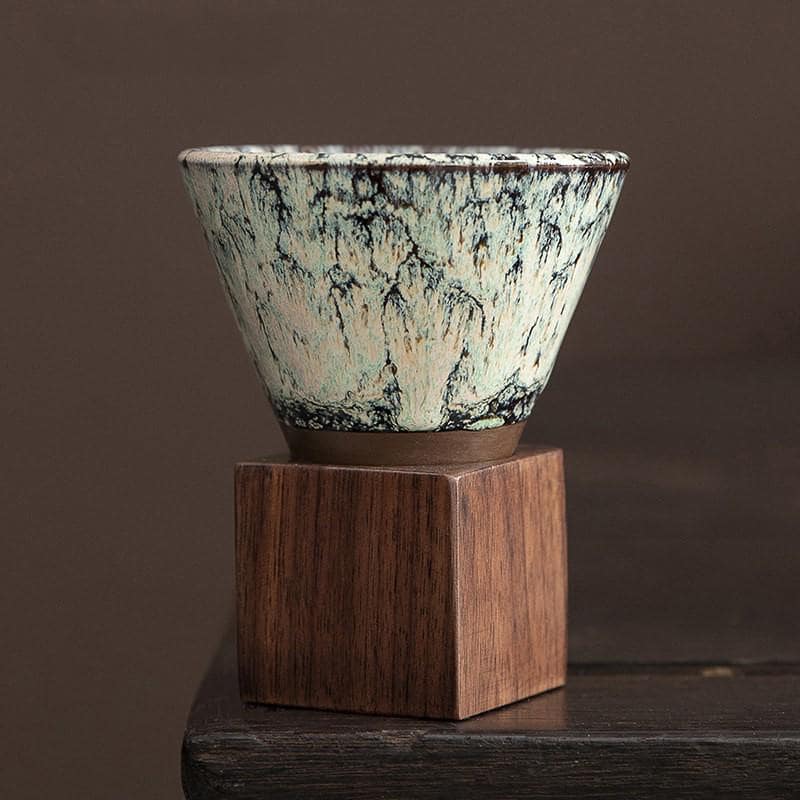 Handcrafted Ceramic Coffee Cup Walnut Base Travel Case