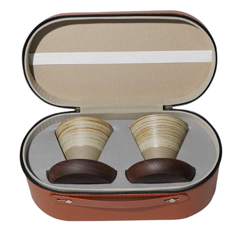 Ceramic Coffee Cup Set with Walnut Base
