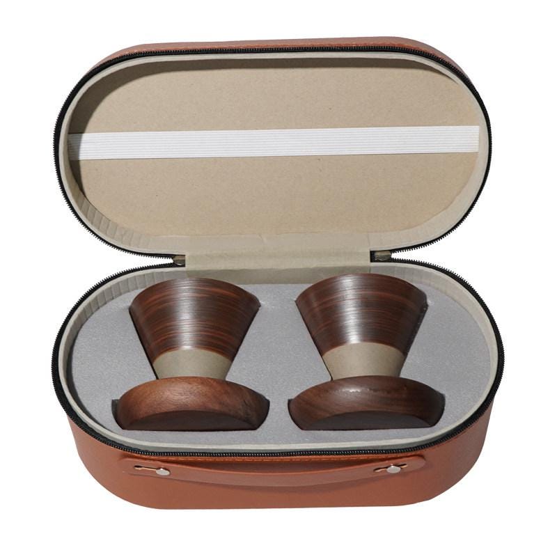 Ceramic Coffee Cup Set with Walnut Base