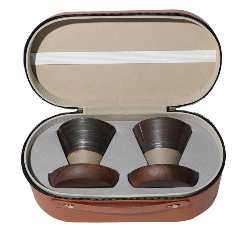 Ceramic Coffee Cup Set with Walnut Base