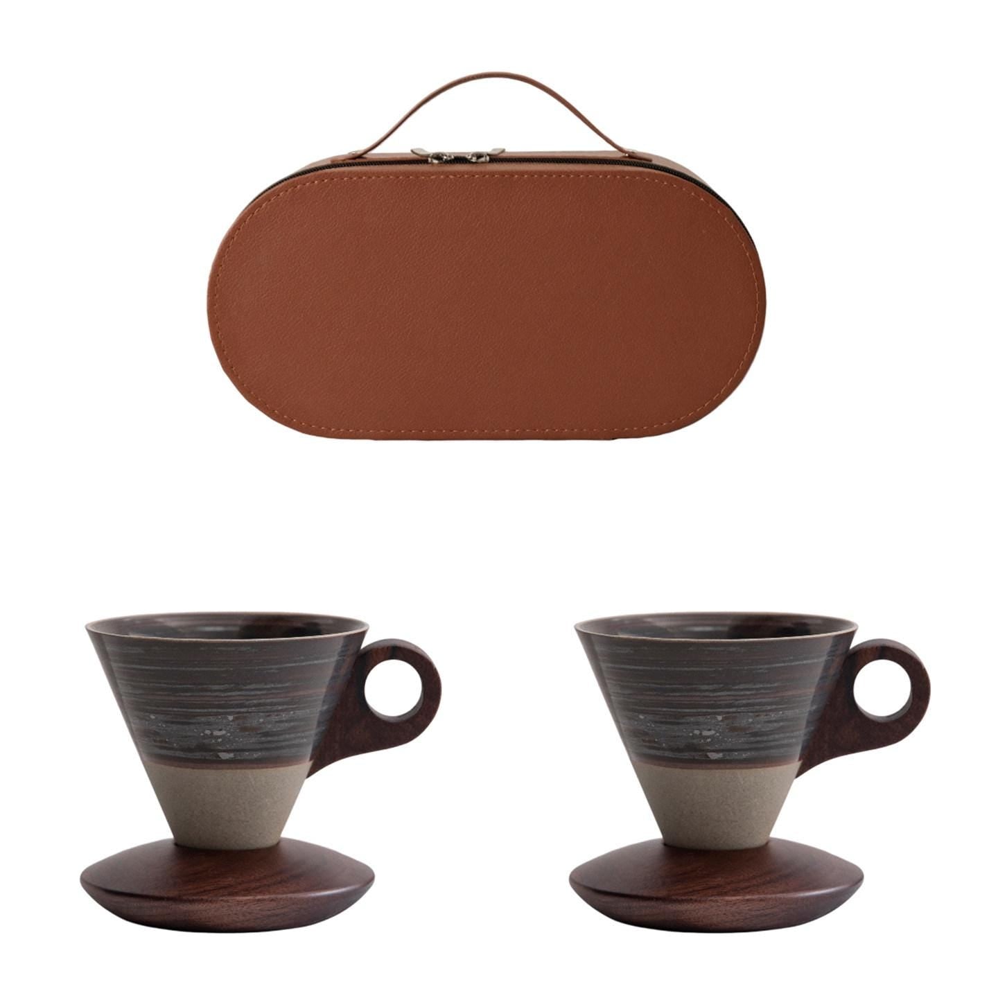 Ceramic Coffee Cup Set with Walnut Base
